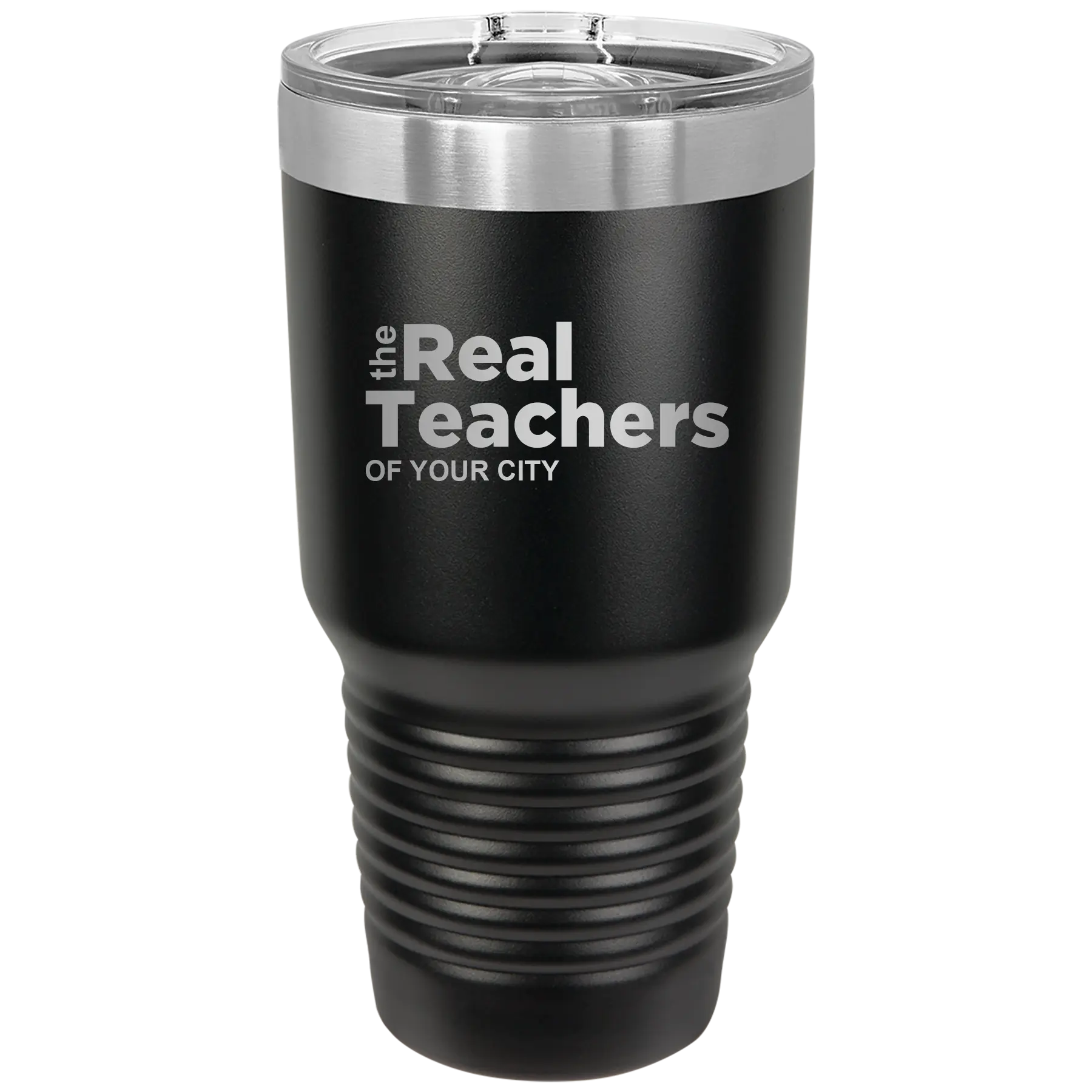 Personalized black 30 oz vacuum insulated tumbler with 'The Real Teachers' design