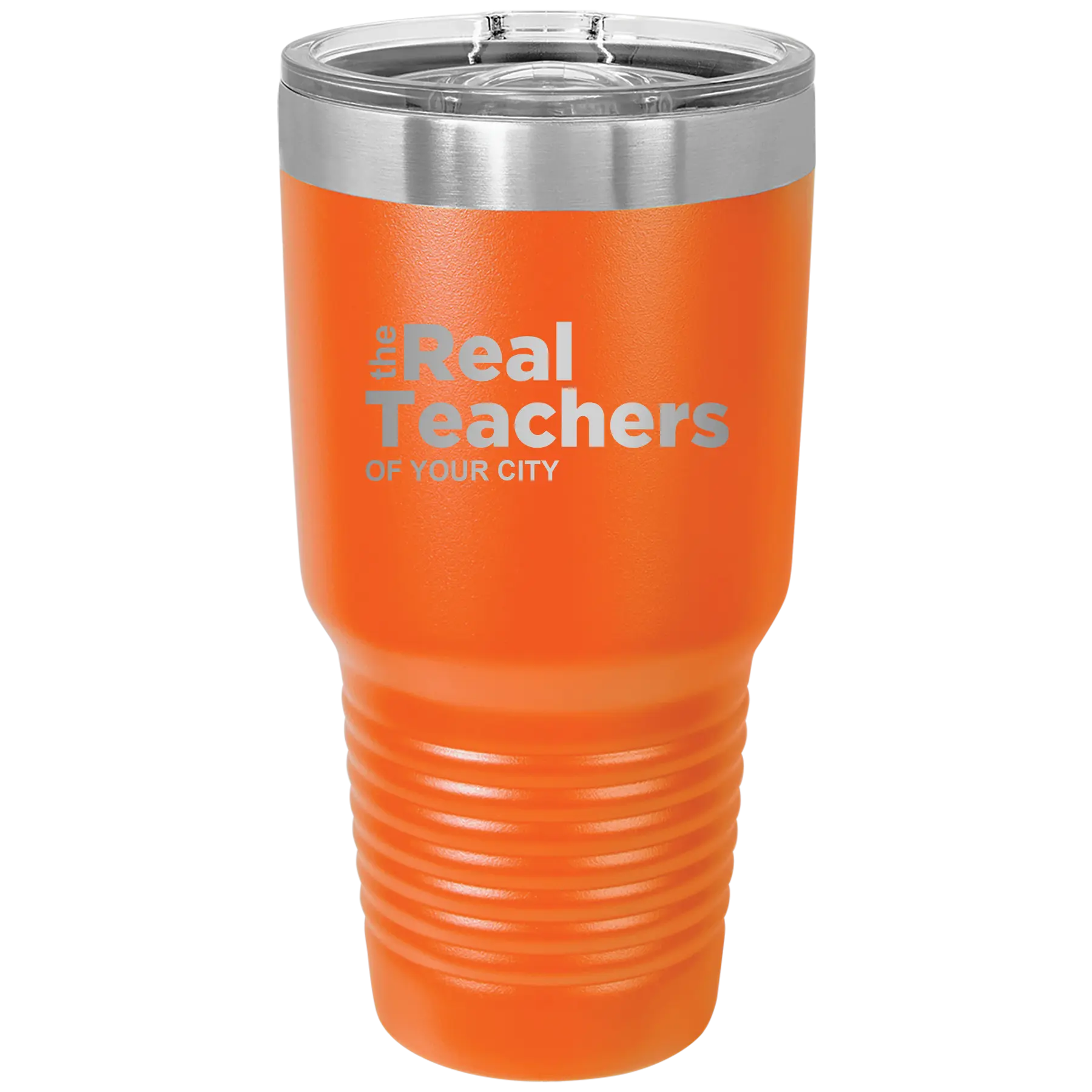 Personalized orange 30 oz vacuum insulated tumbler with 'The Real Teachers' design