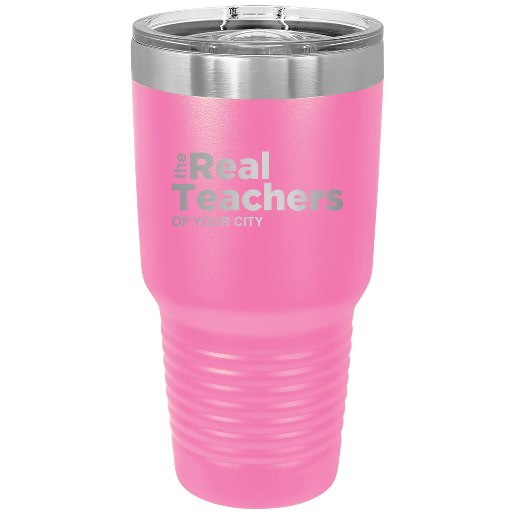 Personalized pink 30 oz vacuum insulated tumbler with 'The Real Teachers' design