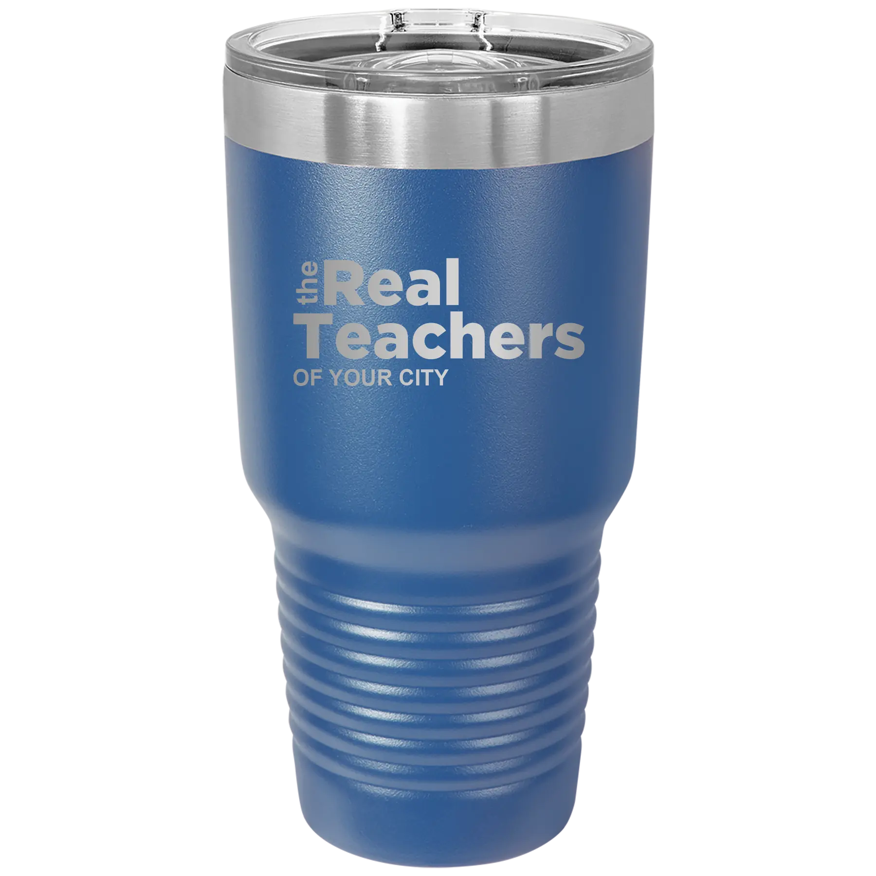Personalized royal blue 30 oz vacuum insulated tumbler with 'The Real Teachers' design