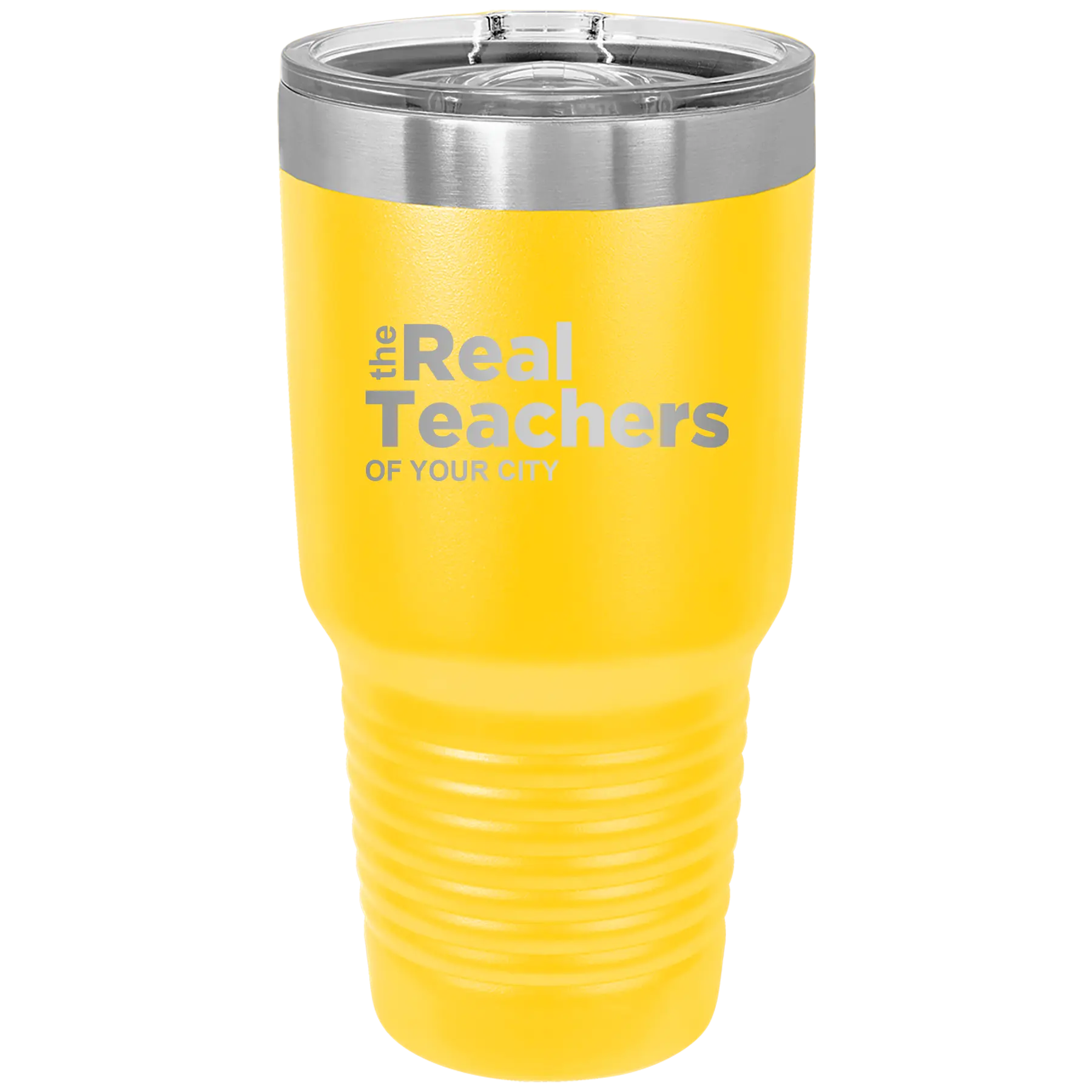 Personalized yellow 30 oz vacuum insulated tumbler with 'The Real Teachers' design