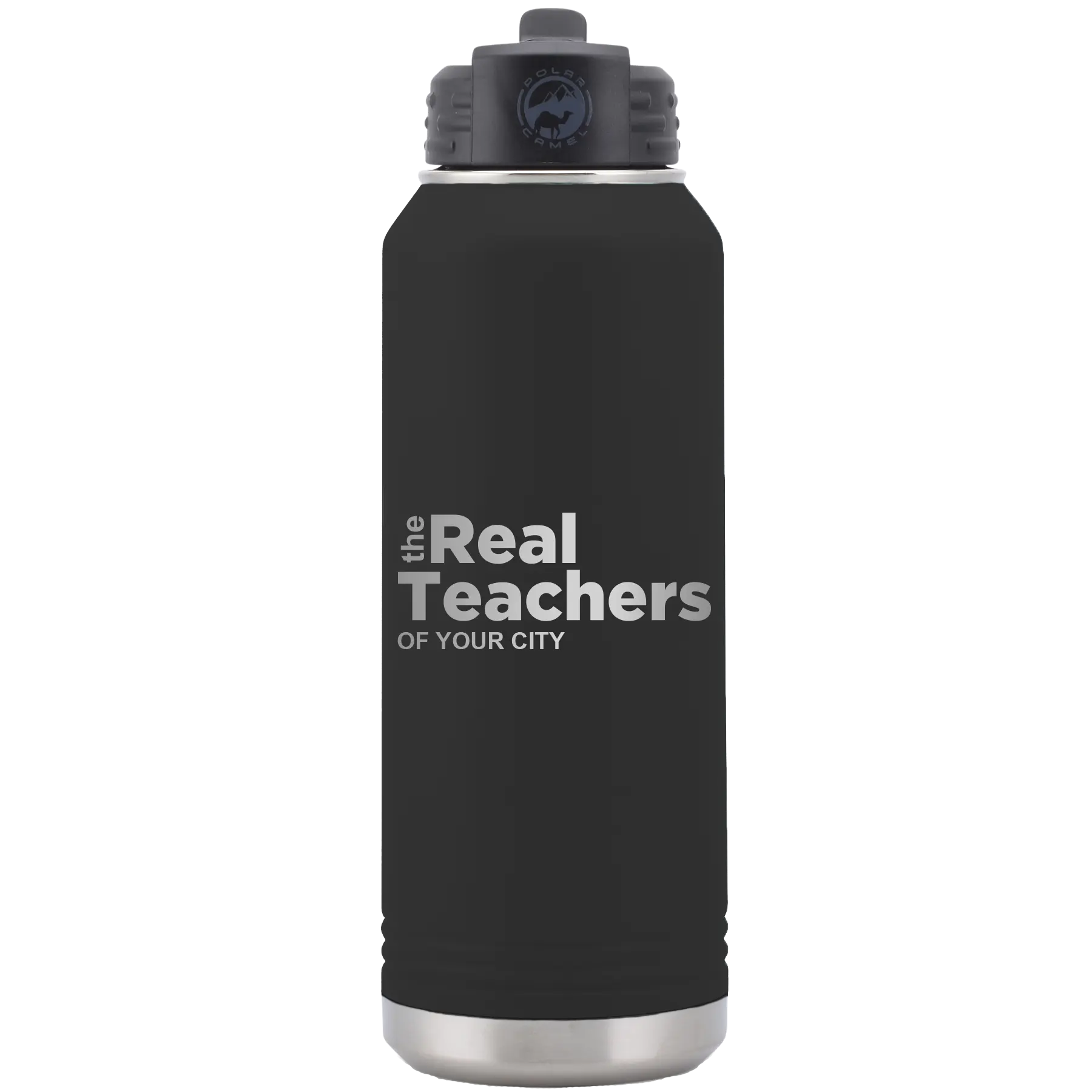 Personalized black 32 oz vacuum insulated water bottle with 'The Real Teachers' design