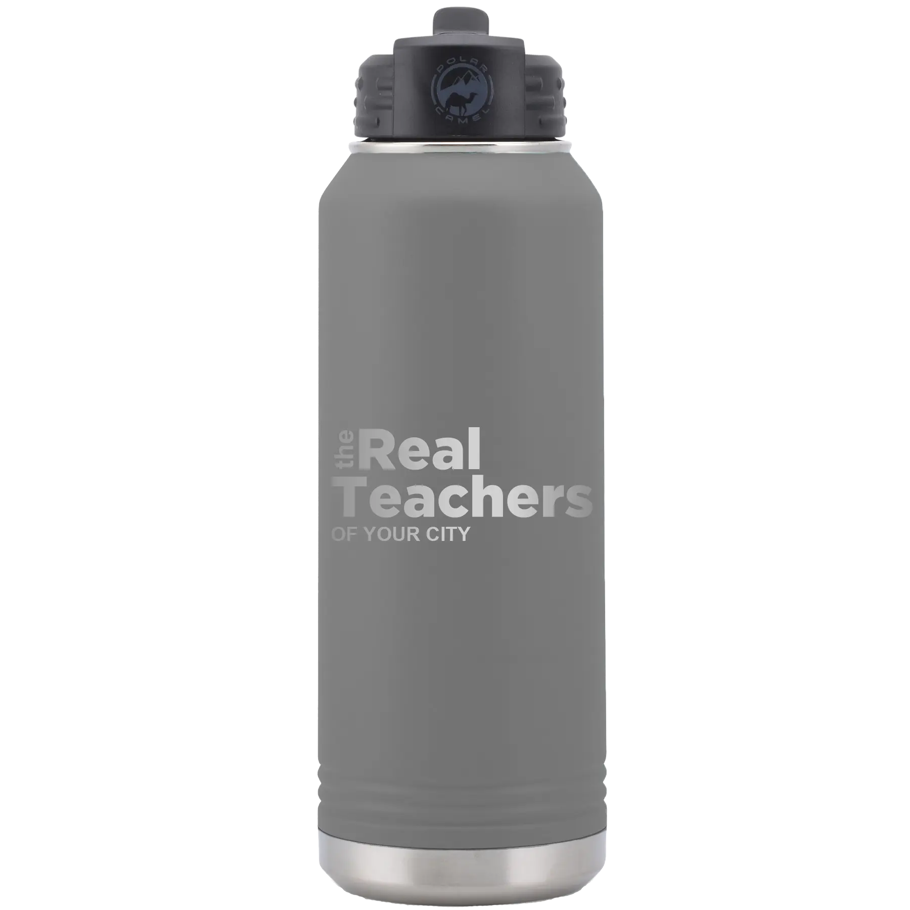 Personalized dark gray 32 oz vacuum insulated water bottle with 'The Real Teachers' design