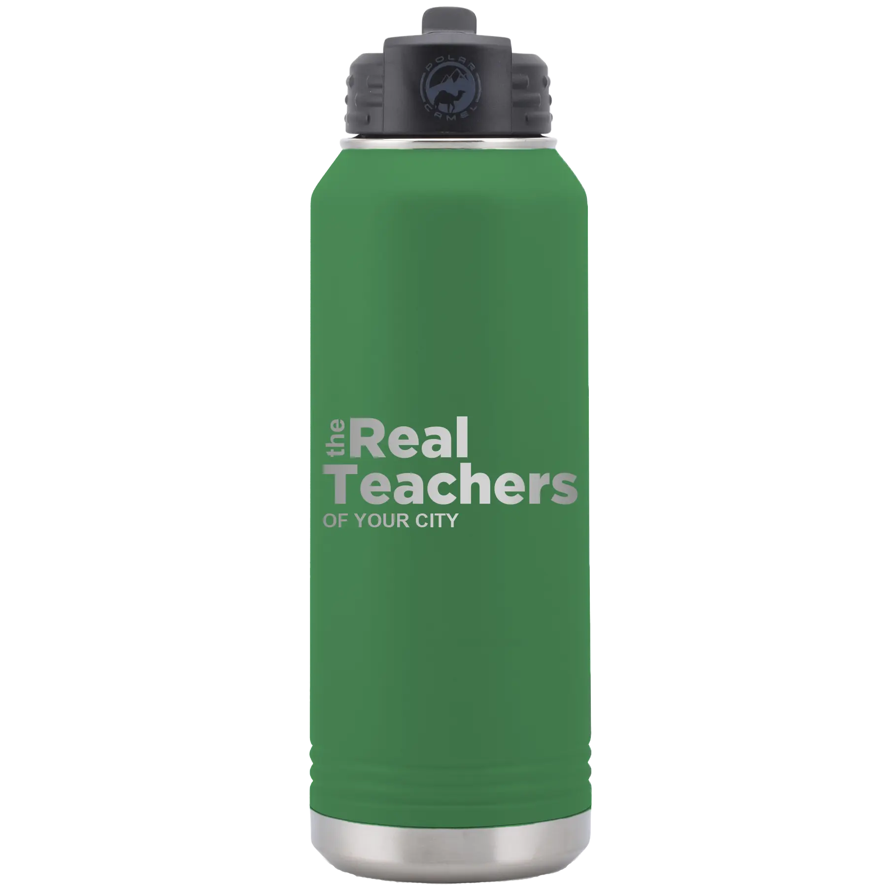 Personalized green 32 oz vacuum insulated water bottle with 'The Real Teachers' design