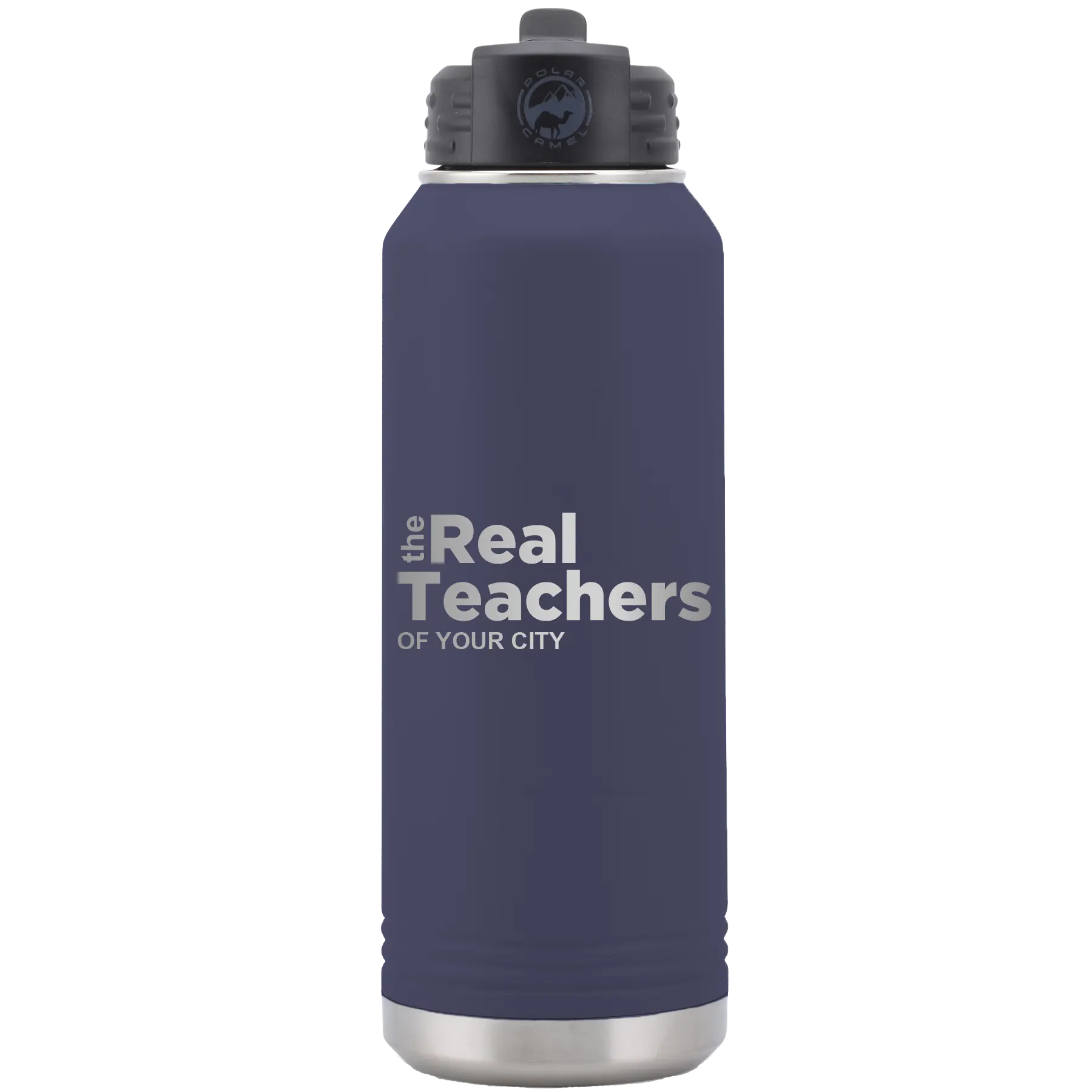 Personalized navy 32 oz vacuum insulated water bottle with 'The Real Teachers' design