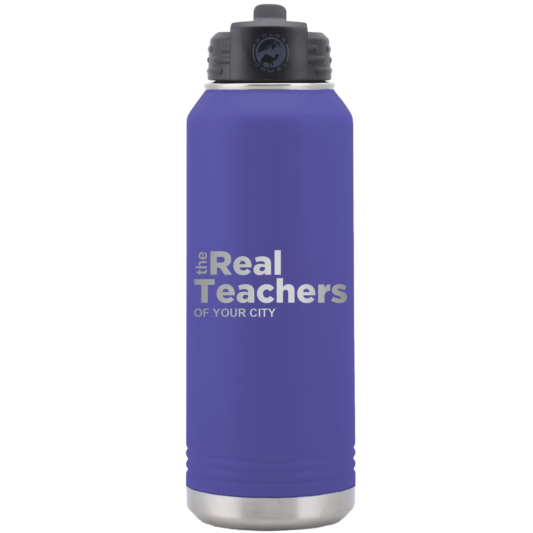 Personalized purple 32 oz vacuum insulated water bottle with 'The Real Teachers' design