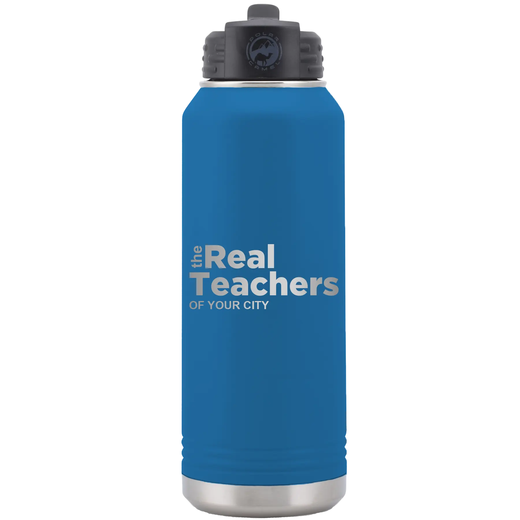 Personalized royal blue 32 oz vacuum insulated water bottle with 'The Real Teachers' design