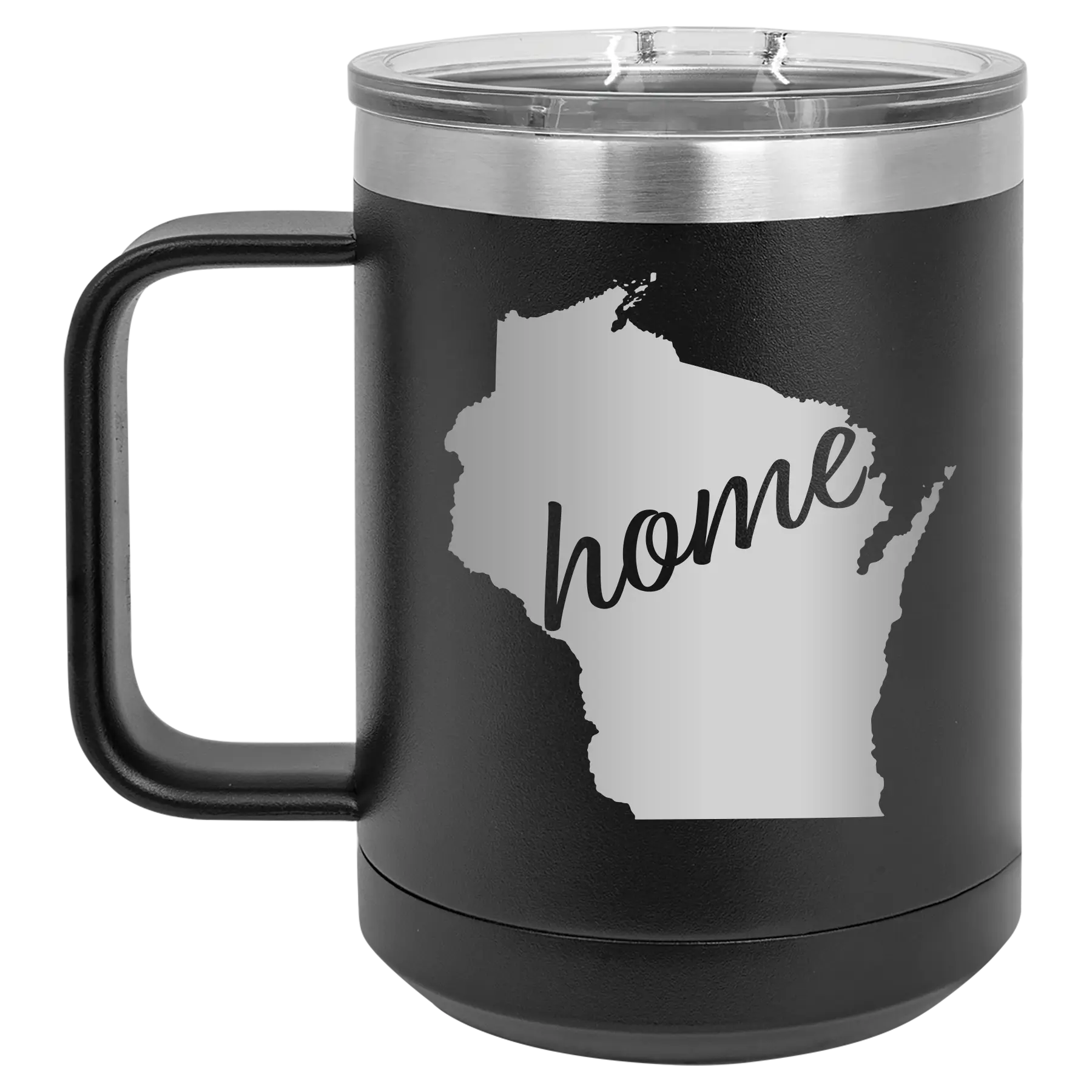 Laser etched black 15 oz vacuum insulated coffee mug with 'Wisconsin Home' design