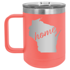 Laser etched coral 15 oz vacuum insulated coffee mug with 'Wisconsin Home' design