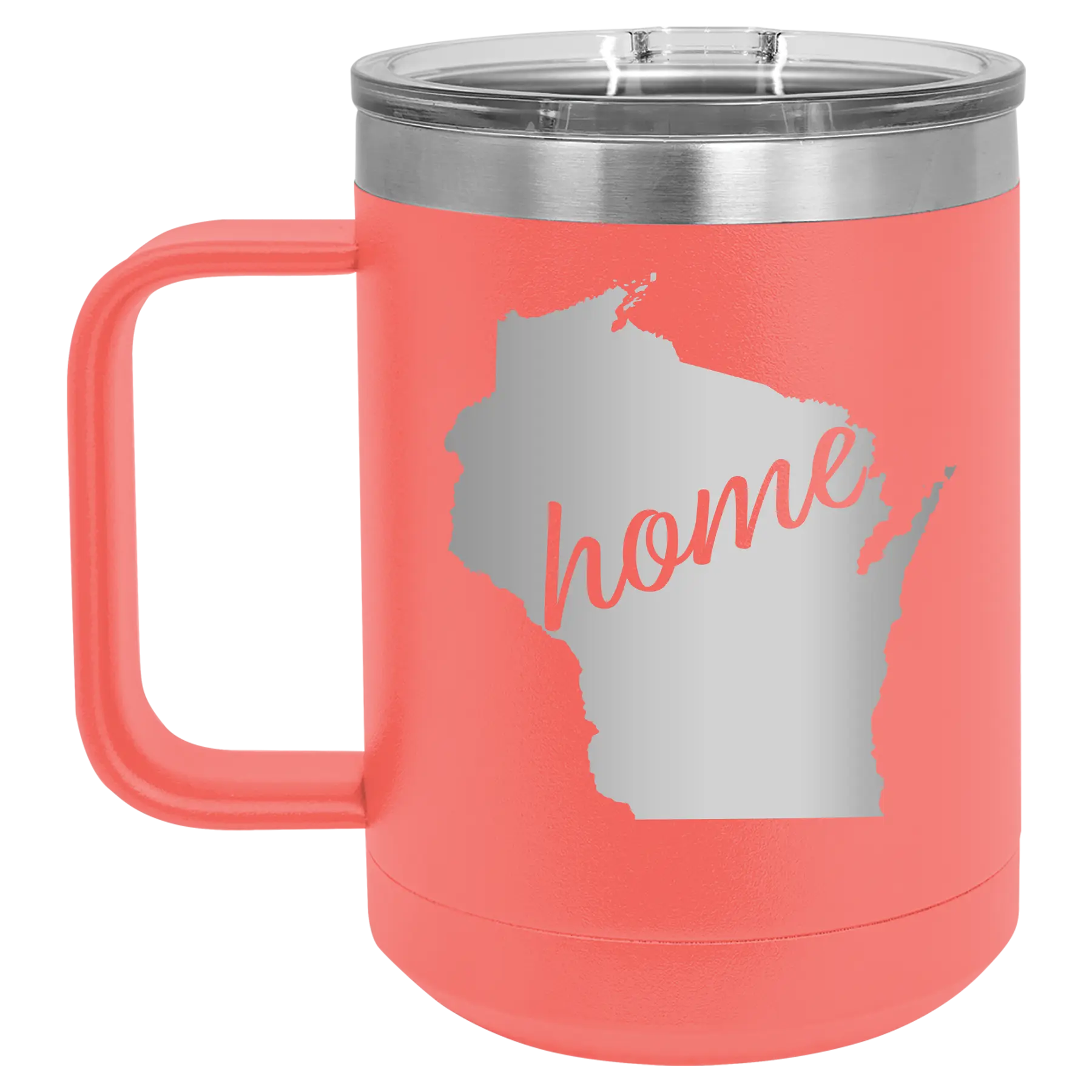 Laser etched coral 15 oz vacuum insulated coffee mug with 'Wisconsin Home' design