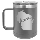 Laser etched dark gray 15 oz vacuum insulated coffee mug with 'Wisconsin Home' design