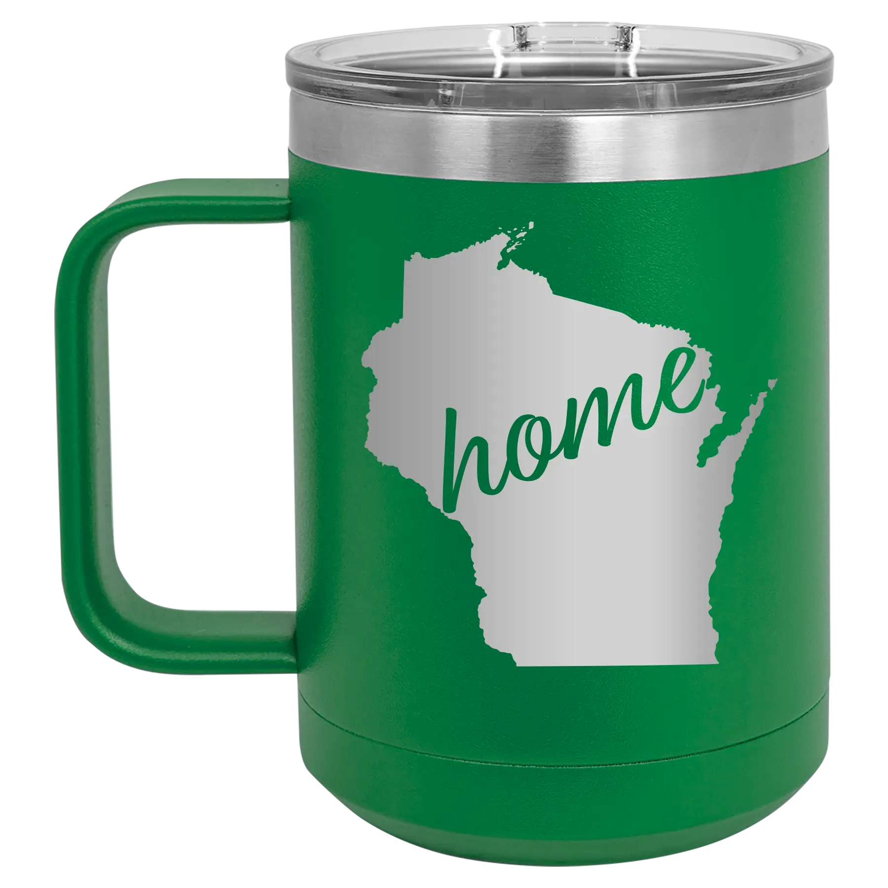 Laser etched green 15 oz vacuum insulated coffee mug with 'Wisconsin Home' design