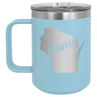Laser etched light blue 15 oz vacuum insulated coffee mug with 'Wisconsin Home' design