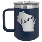 Laser etched navy 15 oz vacuum insulated coffee mug with 'Wisconsin Home' design