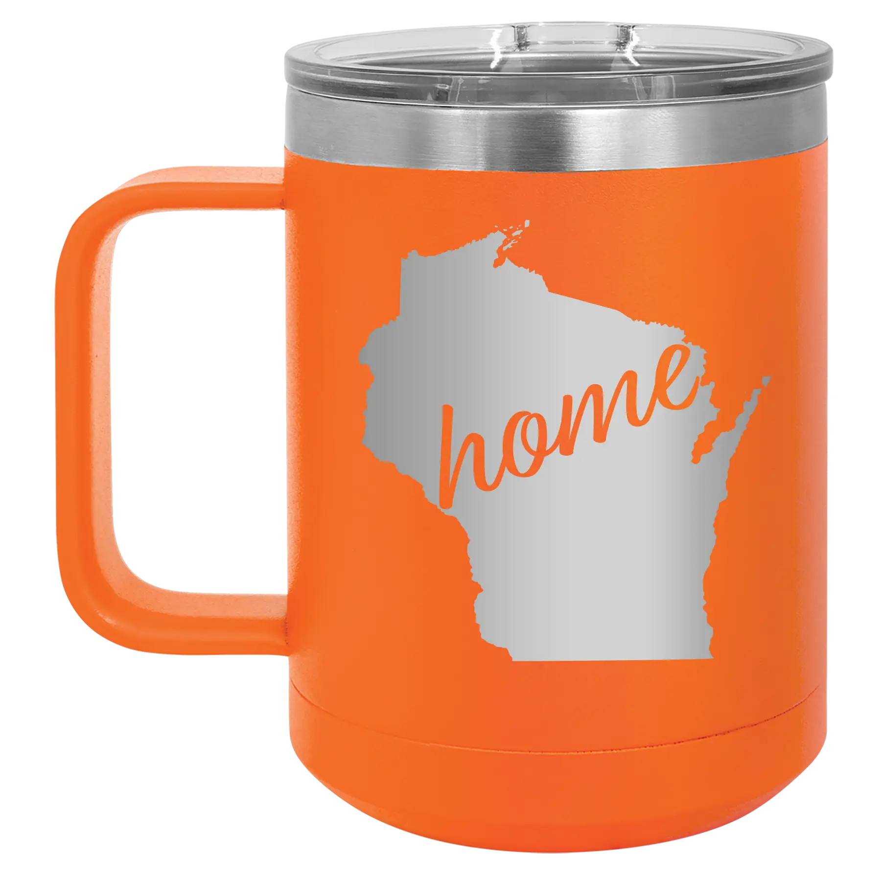 Laser etched orange 15 oz vacuum insulated coffee mug with 'Wisconsin Home' design