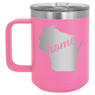 Laser etched pink 15 oz vacuum insulated coffee mug with 'Wisconsin Home' design