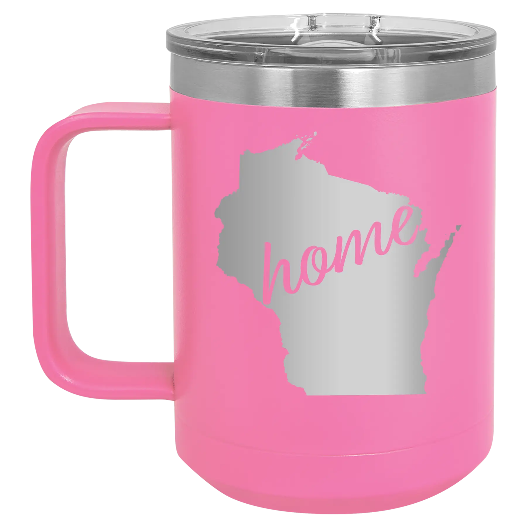 Laser etched pink 15 oz vacuum insulated coffee mug with 'Wisconsin Home' design
