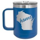 Laser etched royal blue 15 oz vacuum insulated coffee mug with 'Wisconsin Home' design