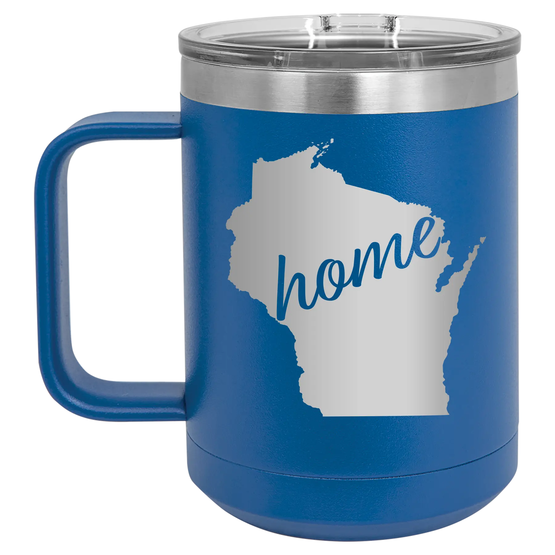 Laser etched royal blue 15 oz vacuum insulated coffee mug with 'Wisconsin Home' design