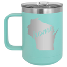 Laser etched teal 15 oz vacuum insulated coffee mug with 'Wisconsin Home' design