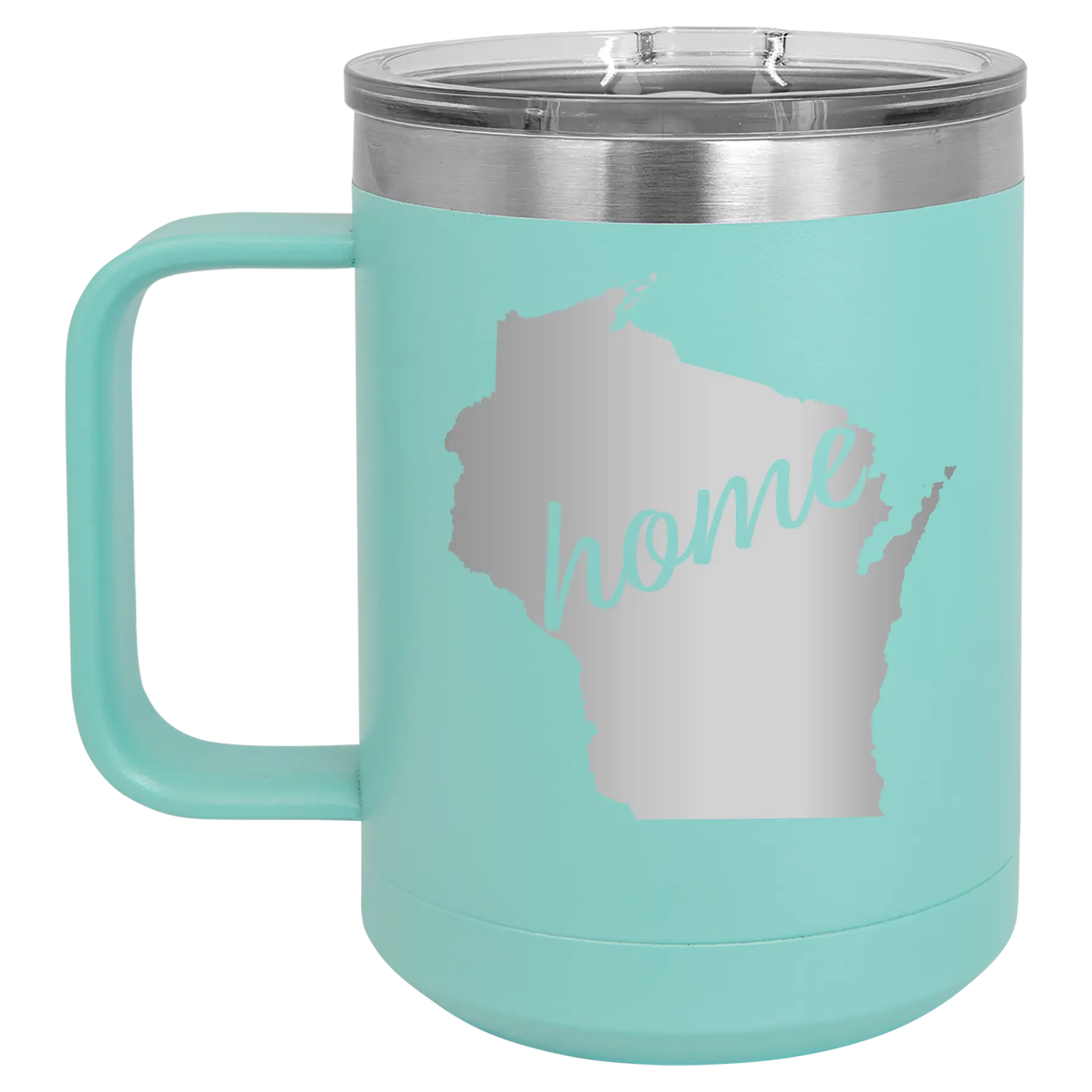 Laser etched teal 15 oz vacuum insulated coffee mug with 'Wisconsin Home' design