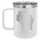 Laser etched white 15 oz vacuum insulated coffee mug with 'Wisconsin Home' design