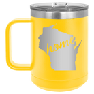 Laser etched yellow 15 oz vacuum insulated coffee mug with 'Wisconsin Home' design