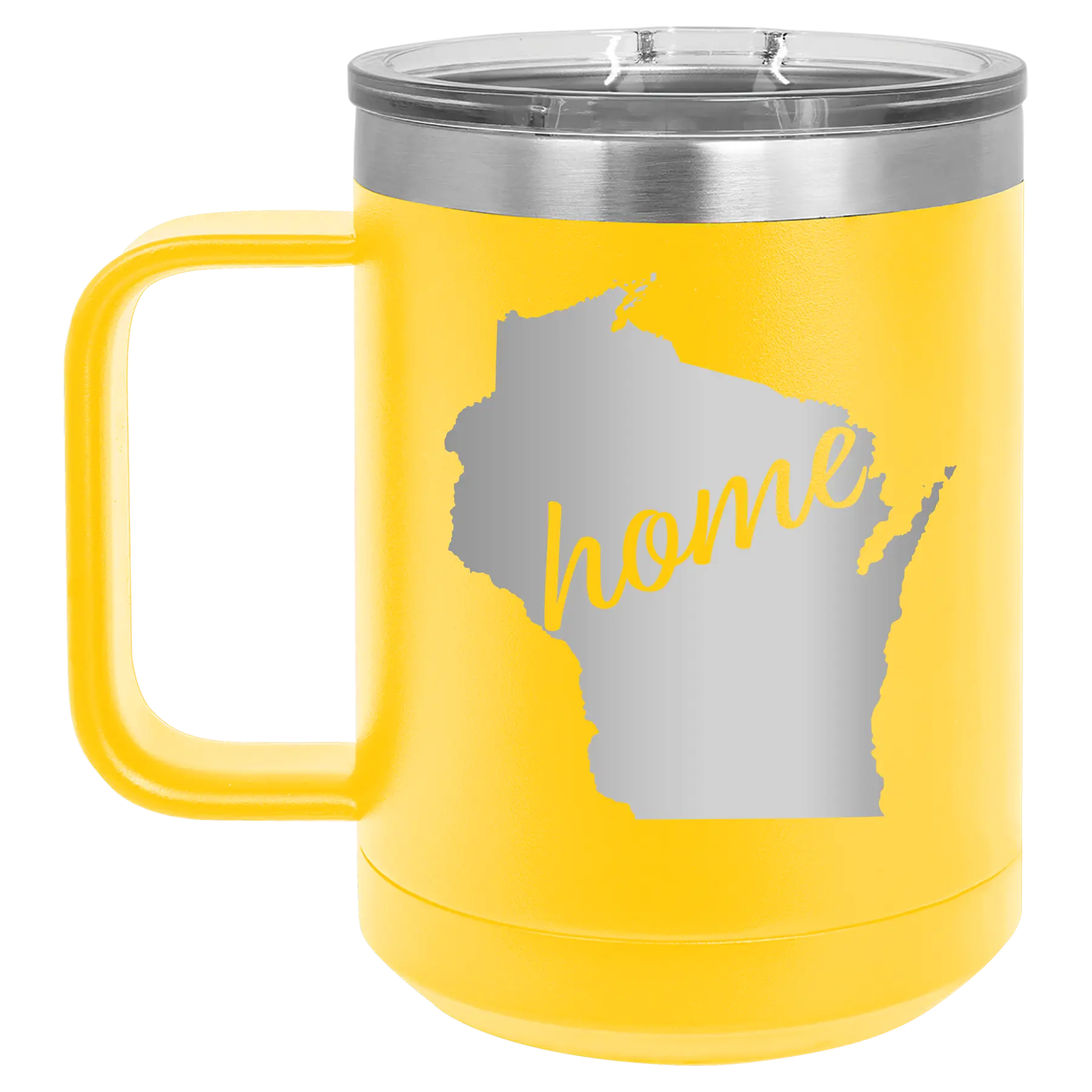Laser etched yellow 15 oz vacuum insulated coffee mug with 'Wisconsin Home' design