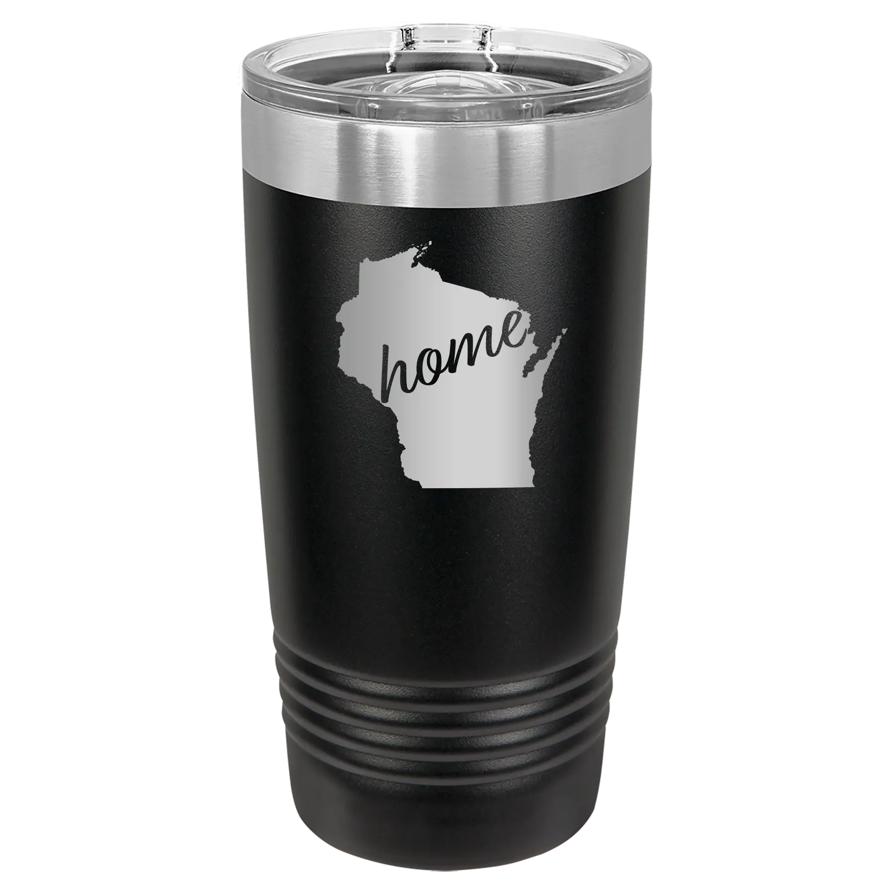 Laser etched black 20 oz vacuum insulated tumbler with 'Wisconsin Home' design