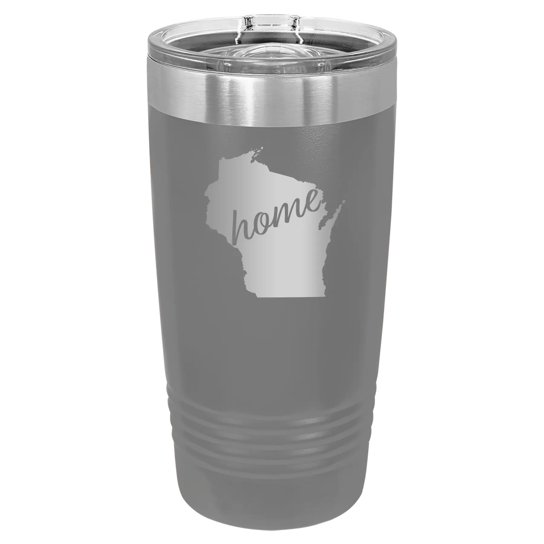 Laser etched dark gray 20 oz vacuum insulated tumbler with 'Wisconsin Home' design