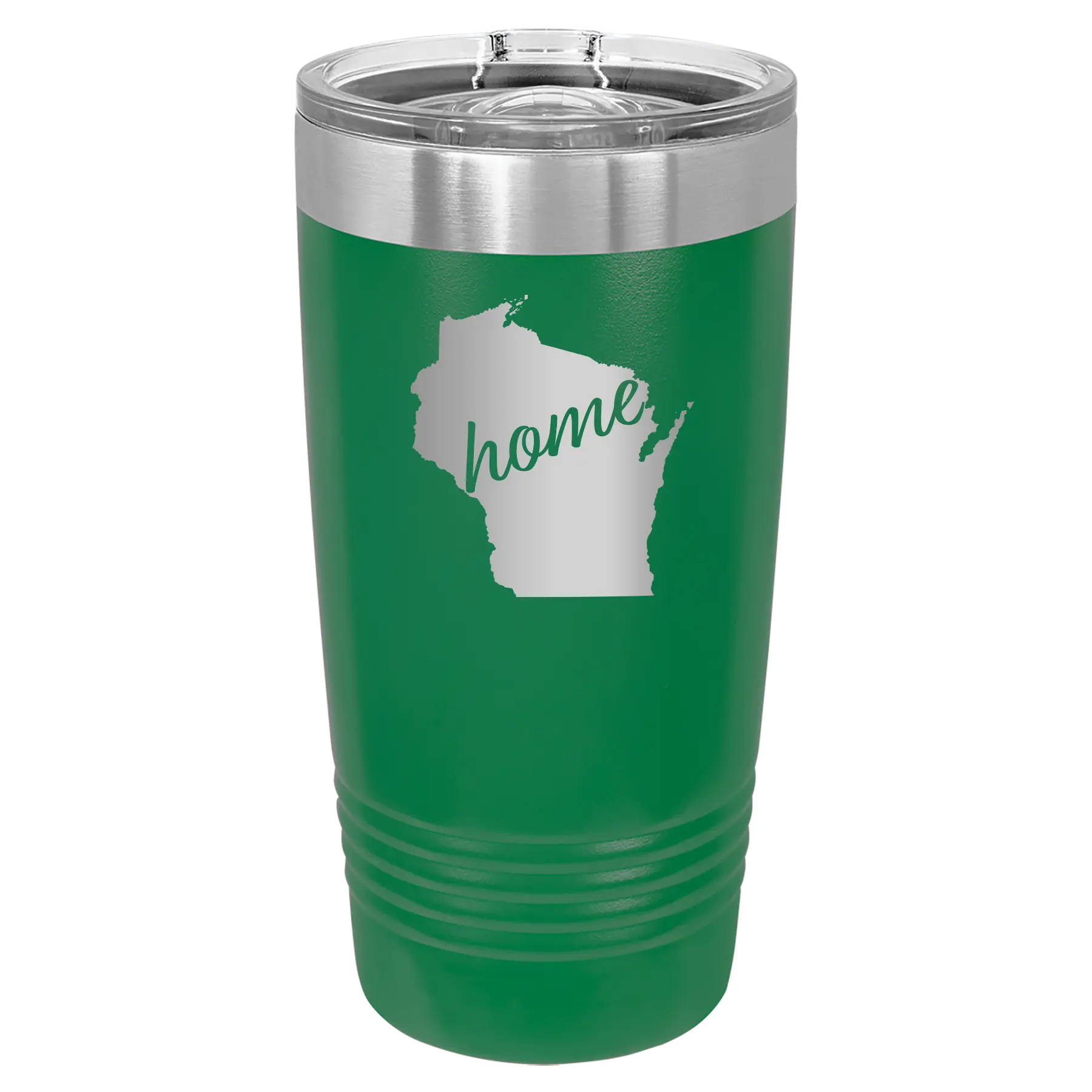 Laser etched green 20 oz vacuum insulated tumbler with 'Wisconsin Home' design