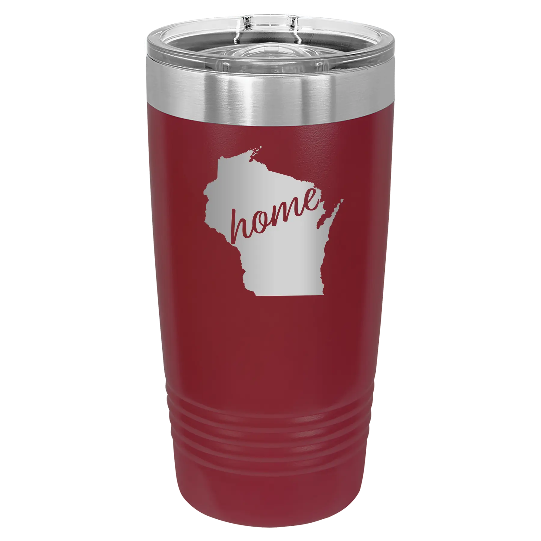 Laser etched maroon 20 oz vacuum insulated tumbler with 'Wisconsin Home' design