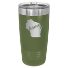 Laser etched olive green 20 oz vacuum insulated tumbler with 'Wisconsin Home' design
