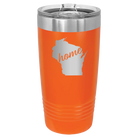 Laser etched orange 20 oz vacuum insulated tumbler with 'Wisconsin Home' design