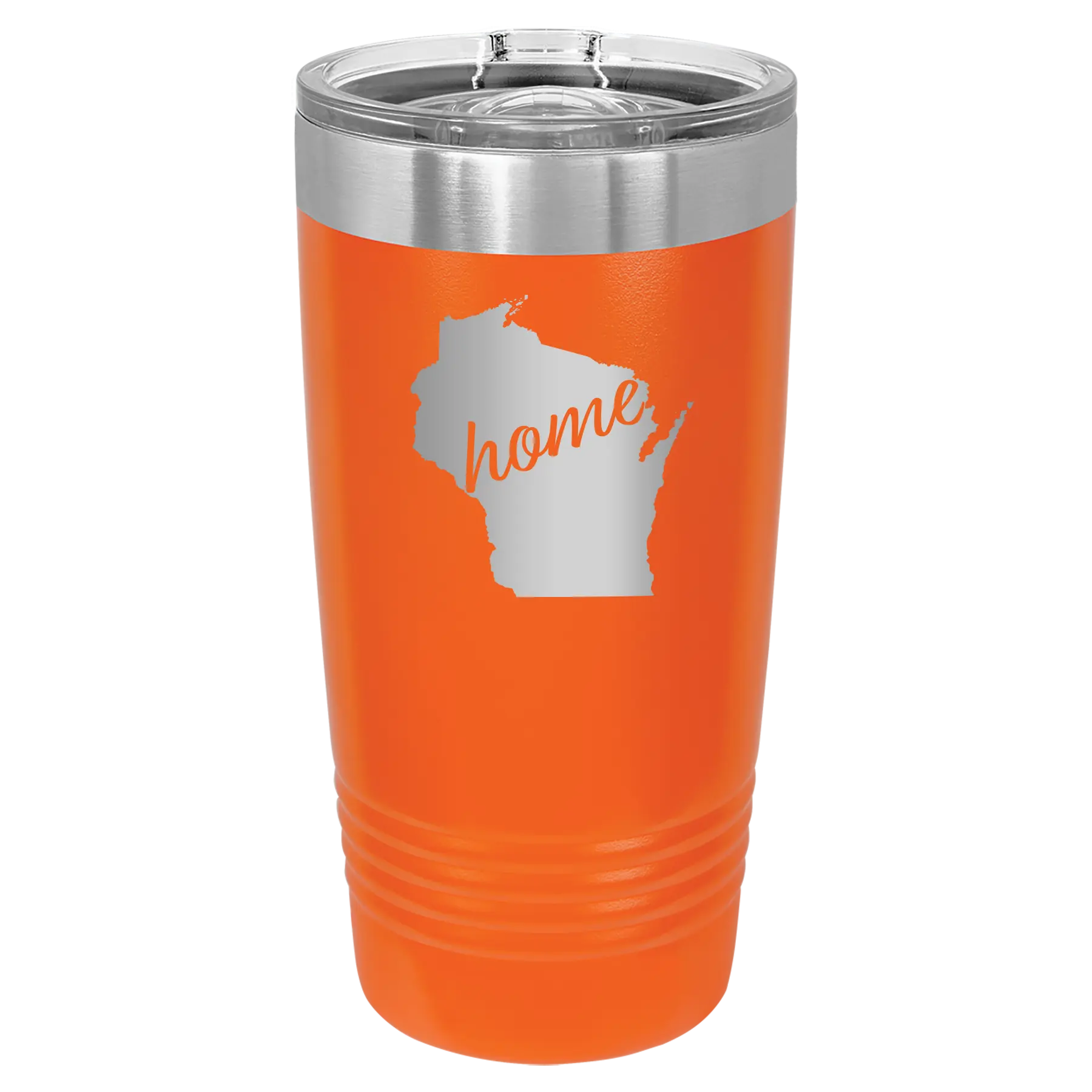 Laser etched orange 20 oz vacuum insulated tumbler with 'Wisconsin Home' design