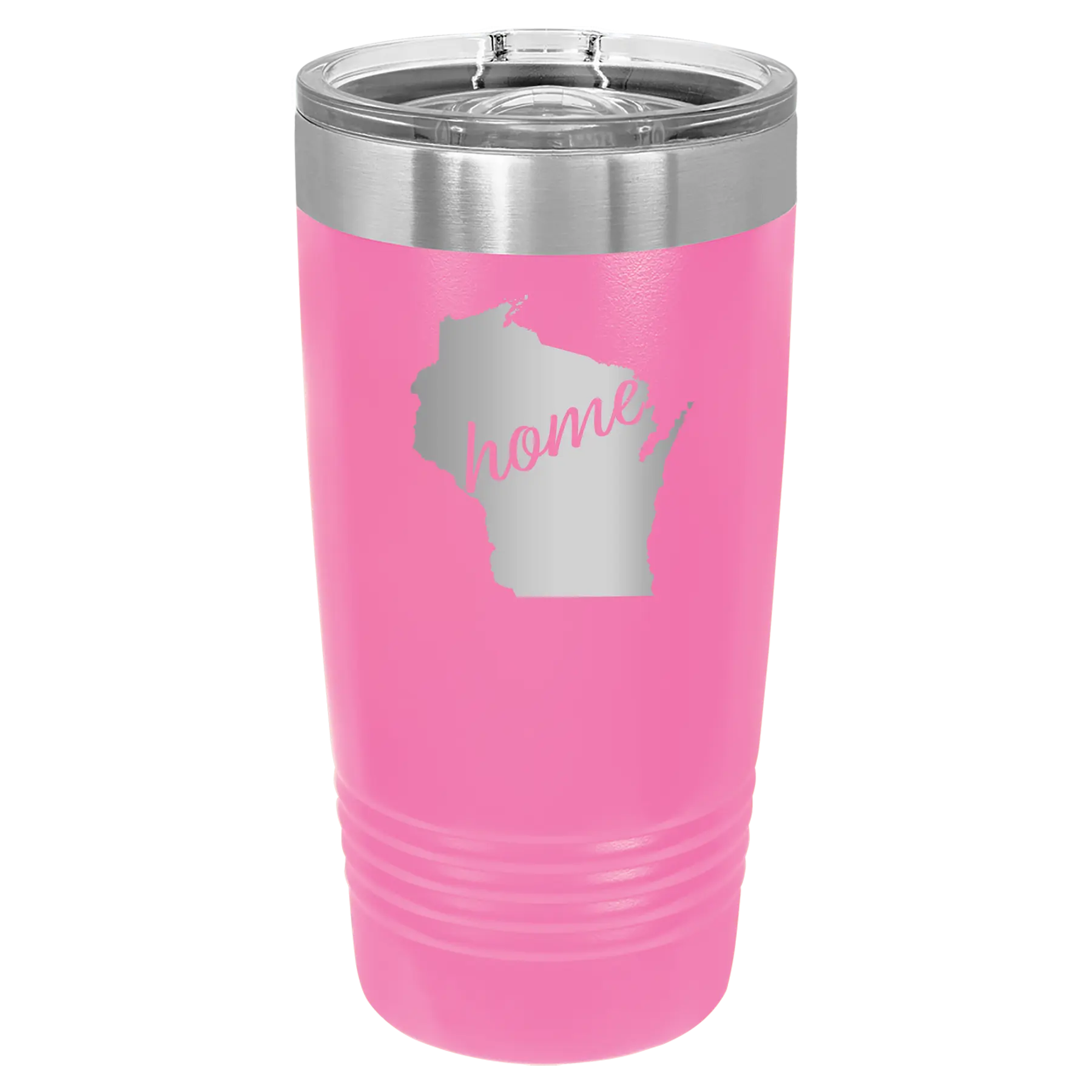 Laser etched pink 20 oz vacuum insulated tumbler with 'Wisconsin Home' design