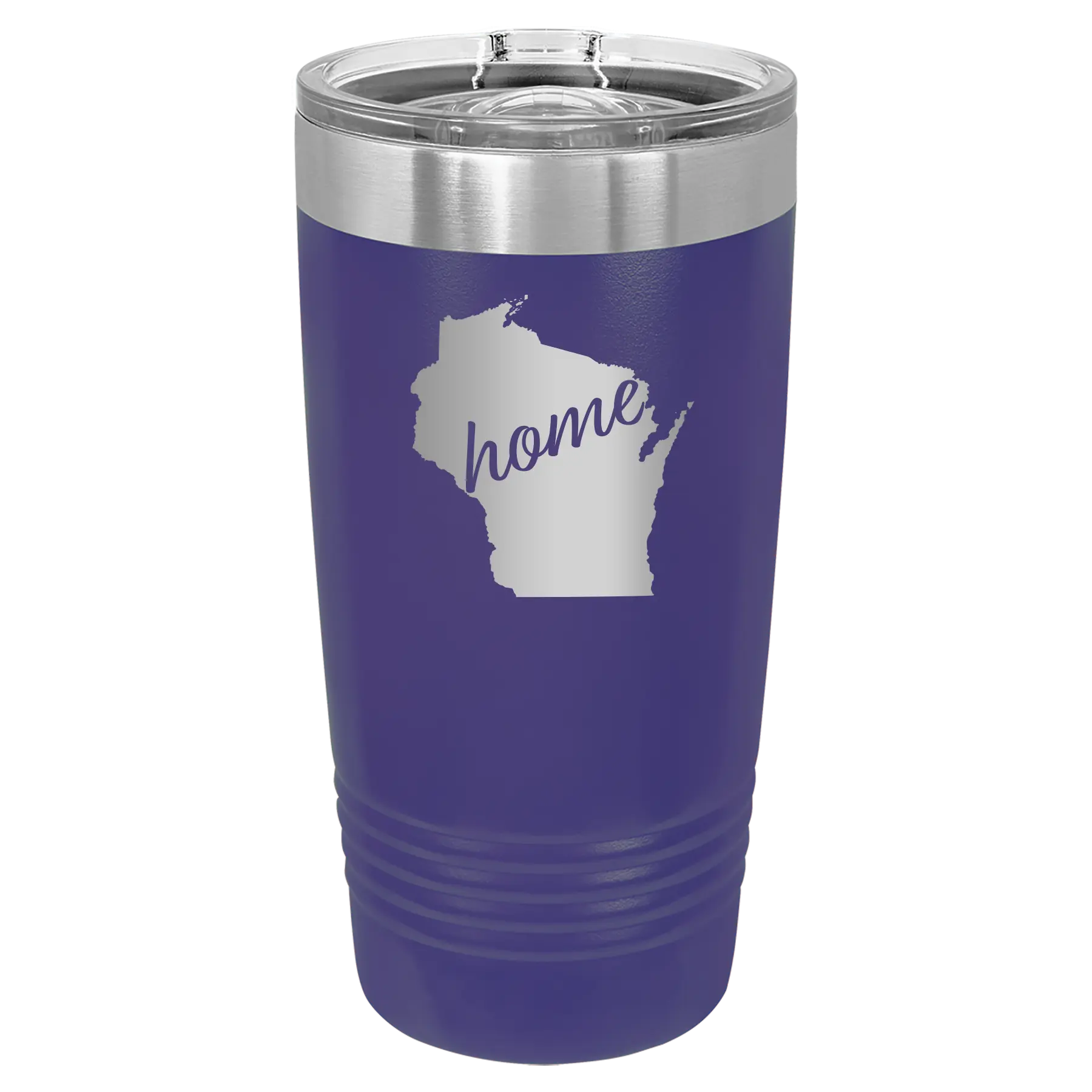 Laser etched purple 20 oz vacuum insulated tumbler with 'Wisconsin Home' design