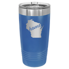 Laser etched royal blue 20 oz vacuum insulated tumbler with 'Wisconsin Home' design