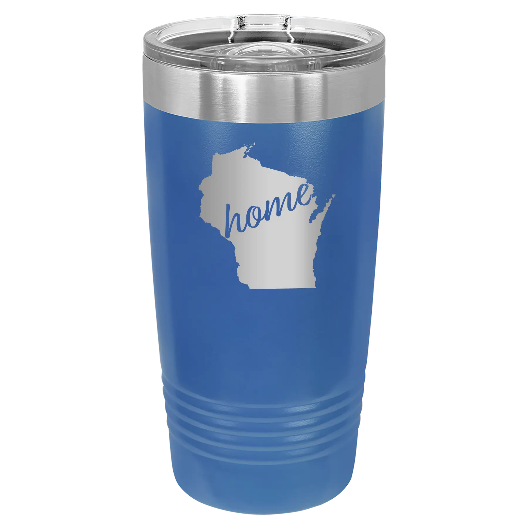 Laser etched royal blue 20 oz vacuum insulated tumbler with 'Wisconsin Home' design