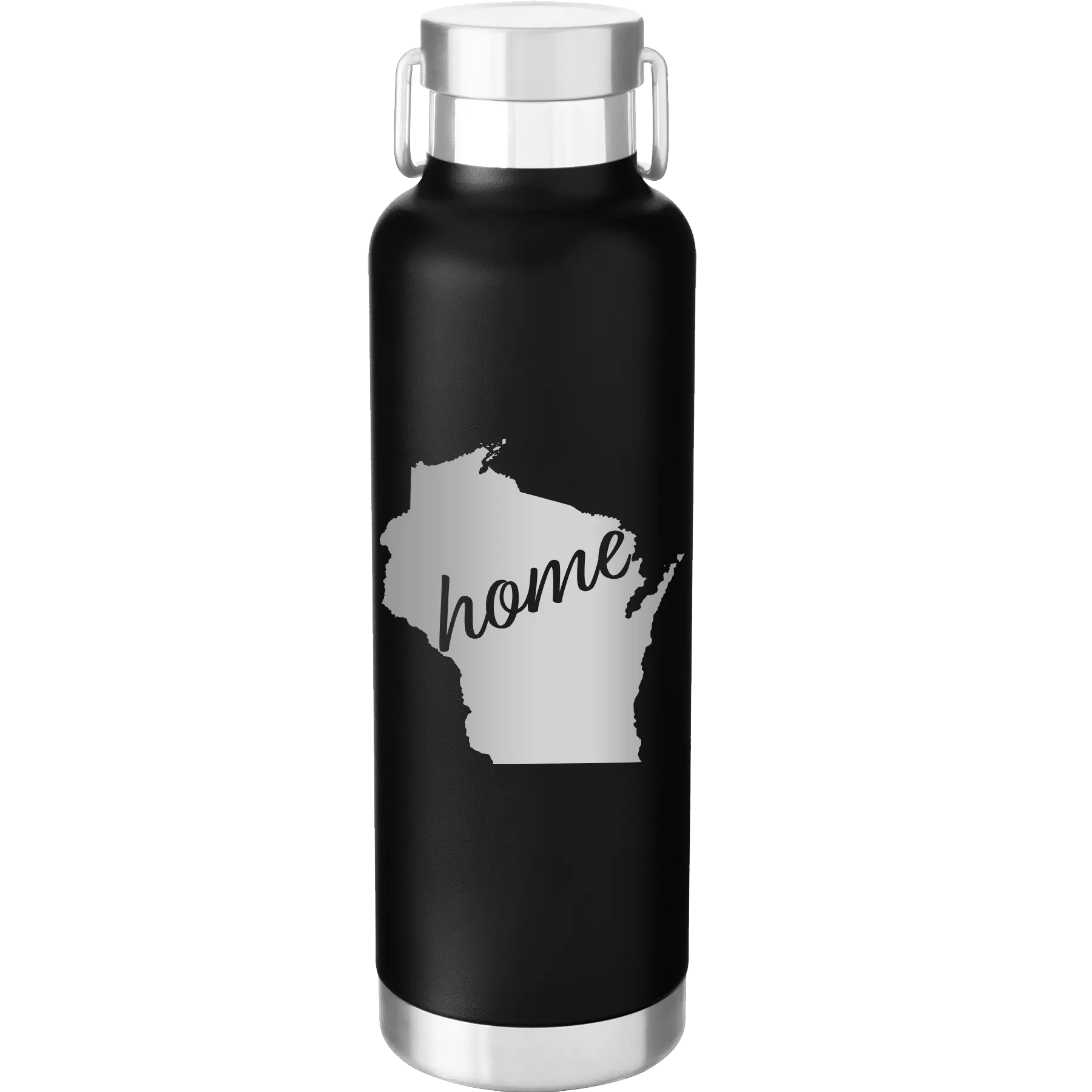 Laser etched black 24 oz vacuum insulated water bottle with 'Wisconsin Home' design