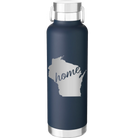 Laser etched navy 24 oz vacuum insulated water bottle with 'Wisconsin Home' design