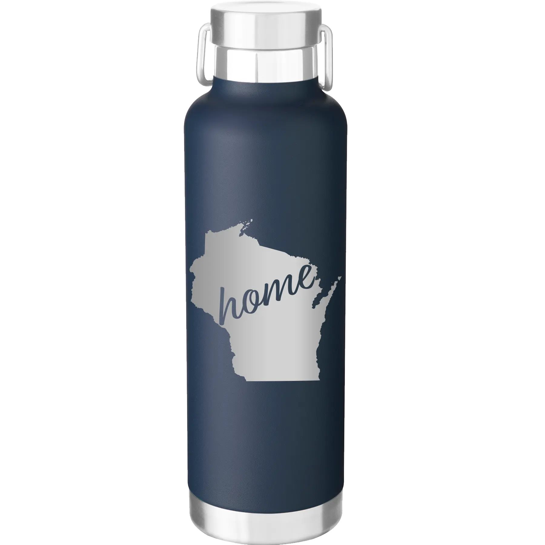 Laser etched navy 24 oz vacuum insulated water bottle with 'Wisconsin Home' design