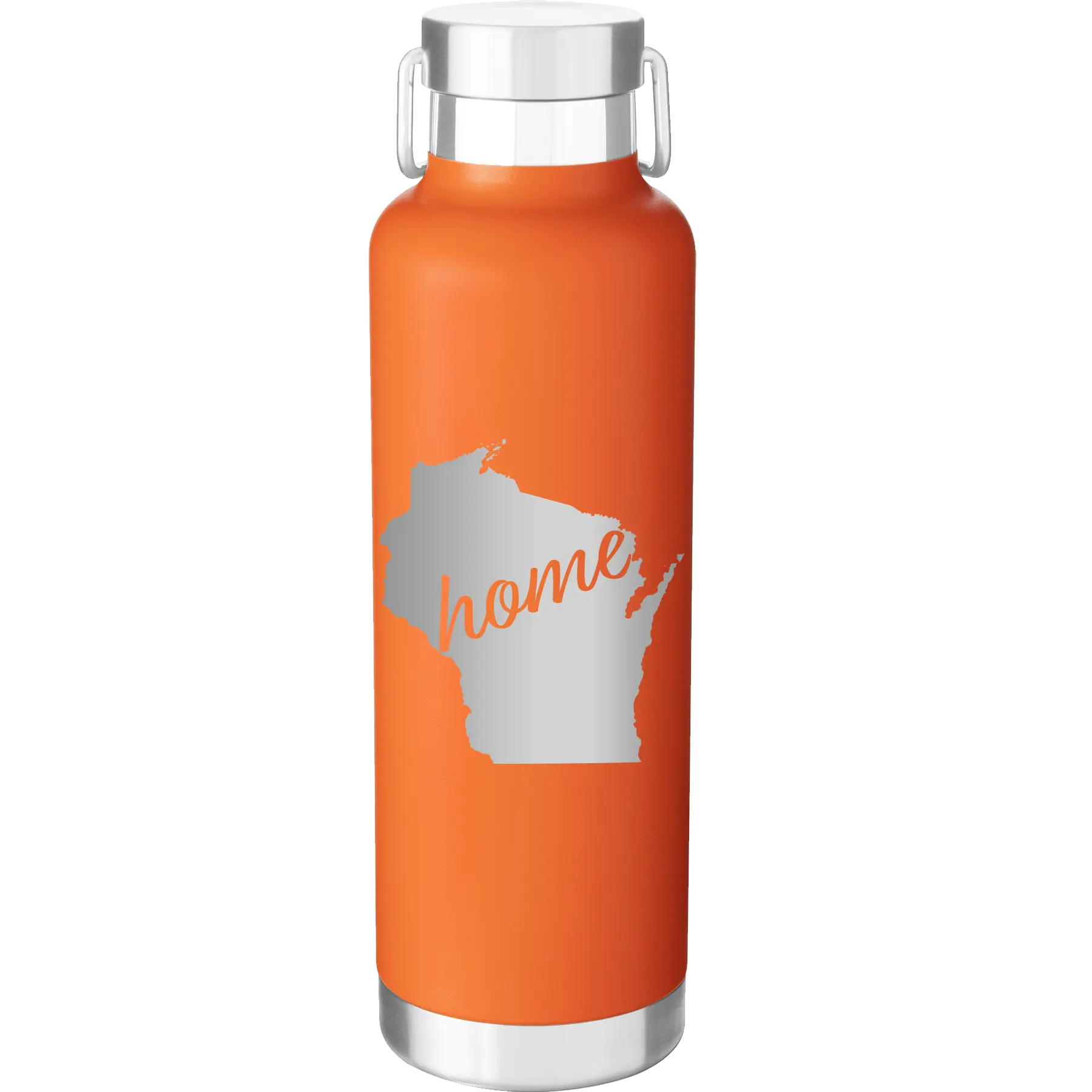 Laser etched orange 24 oz vacuum insulated water bottle with 'Wisconsin Home' design