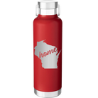 Laser etched red 24 oz vacuum insulated water bottle with 'Wisconsin Home' design