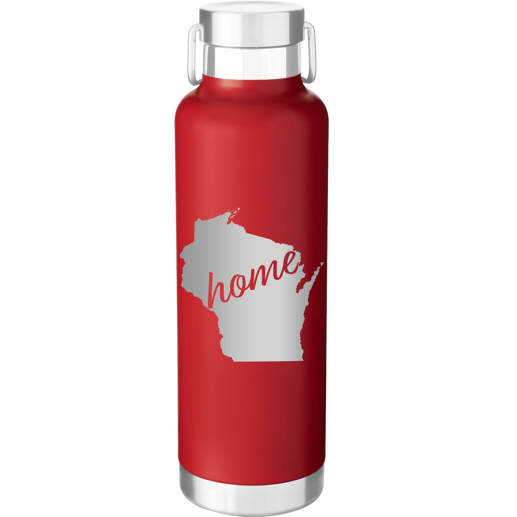 Laser etched red 24 oz vacuum insulated water bottle with 'Wisconsin Home' design