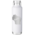 Laser etched white 24 oz vacuum insulated water bottle with 'Wisconsin Home' design
