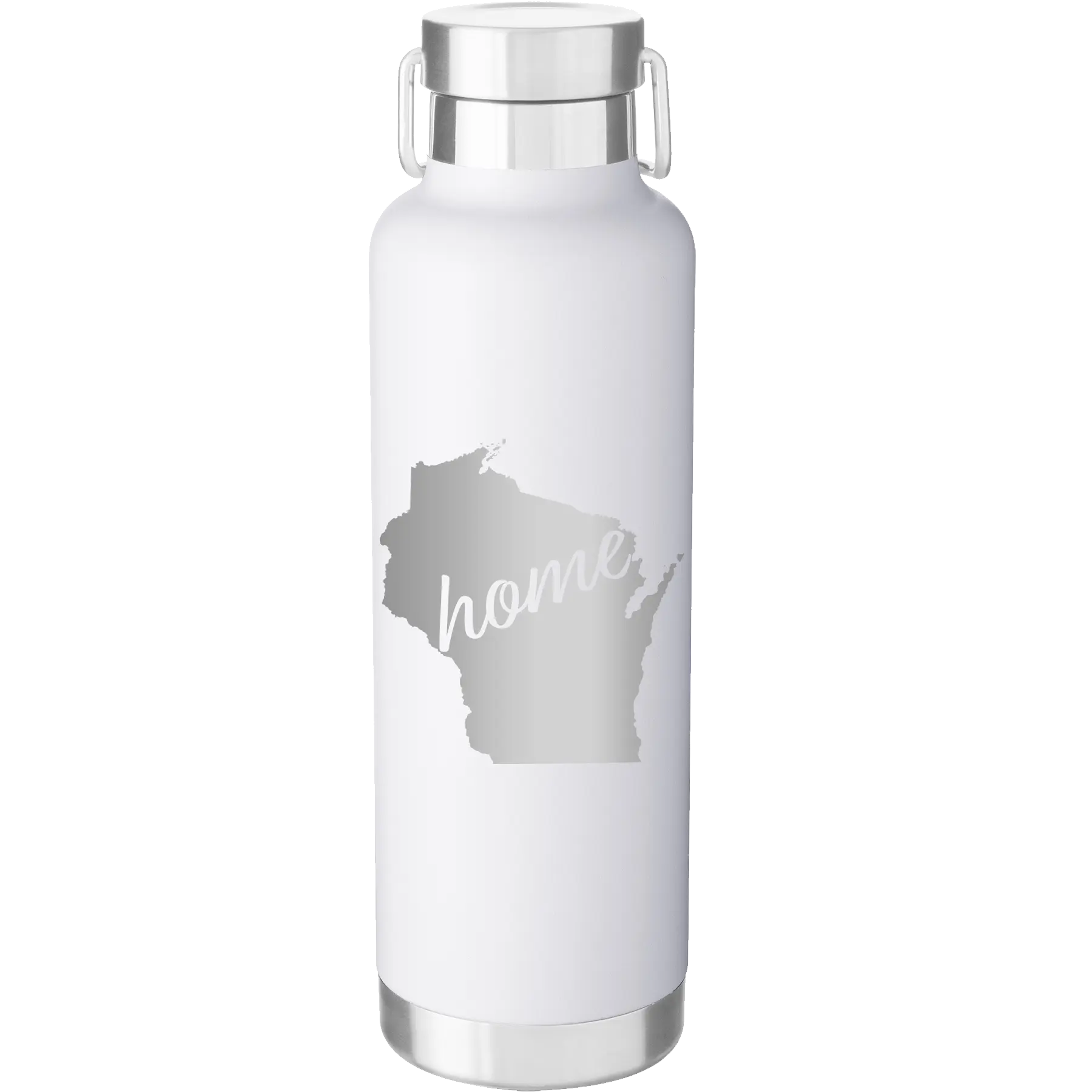 Laser etched white 24 oz vacuum insulated water bottle with 'Wisconsin Home' design