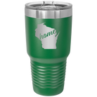 Laser etched green 30 oz vacuum insulated tumbler with 'Wisconsin Home' design