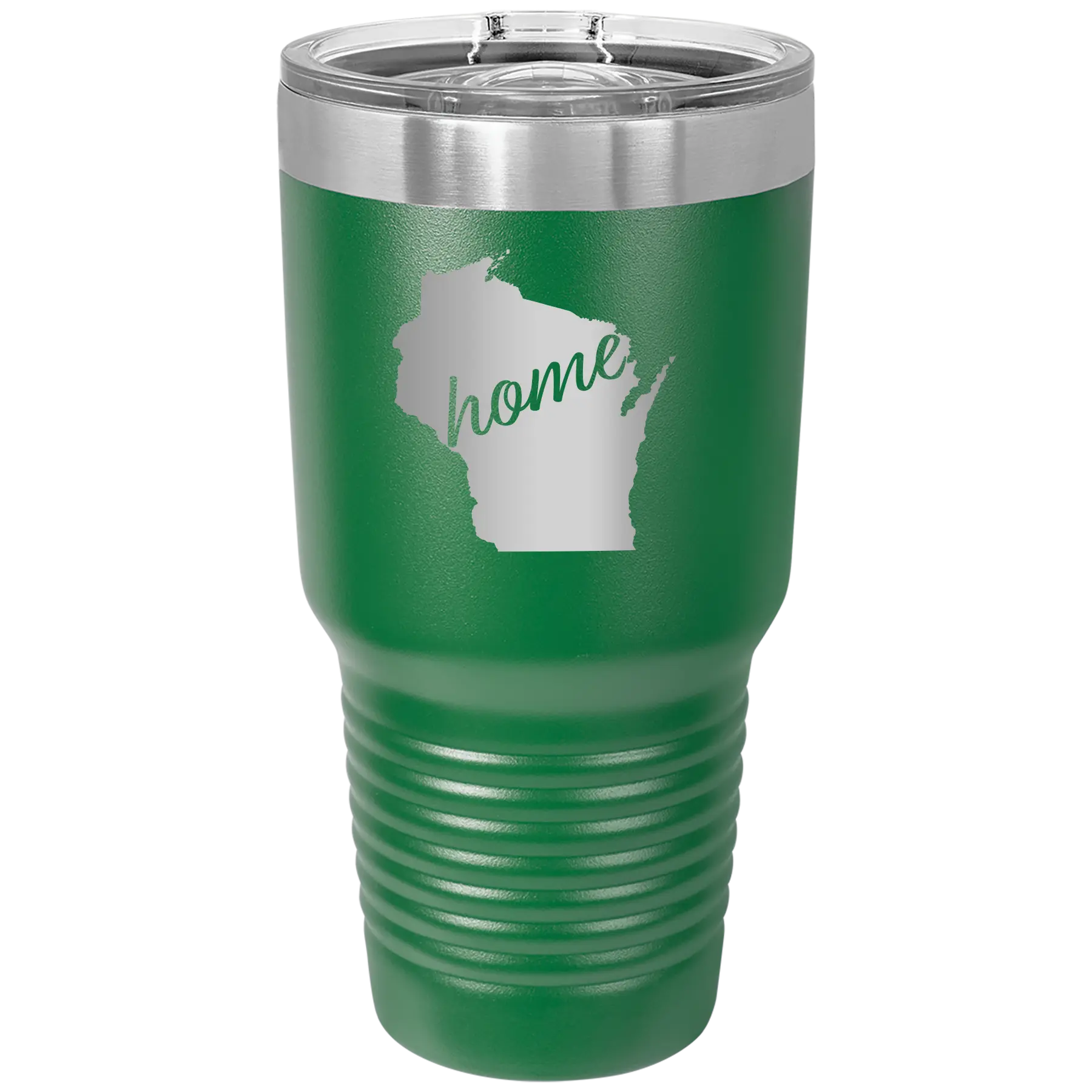 Laser etched green 30 oz vacuum insulated tumbler with 'Wisconsin Home' design