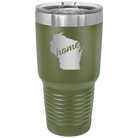 Laser etched olive green 30 oz vacuum insulated tumbler with 'Wisconsin Home' design